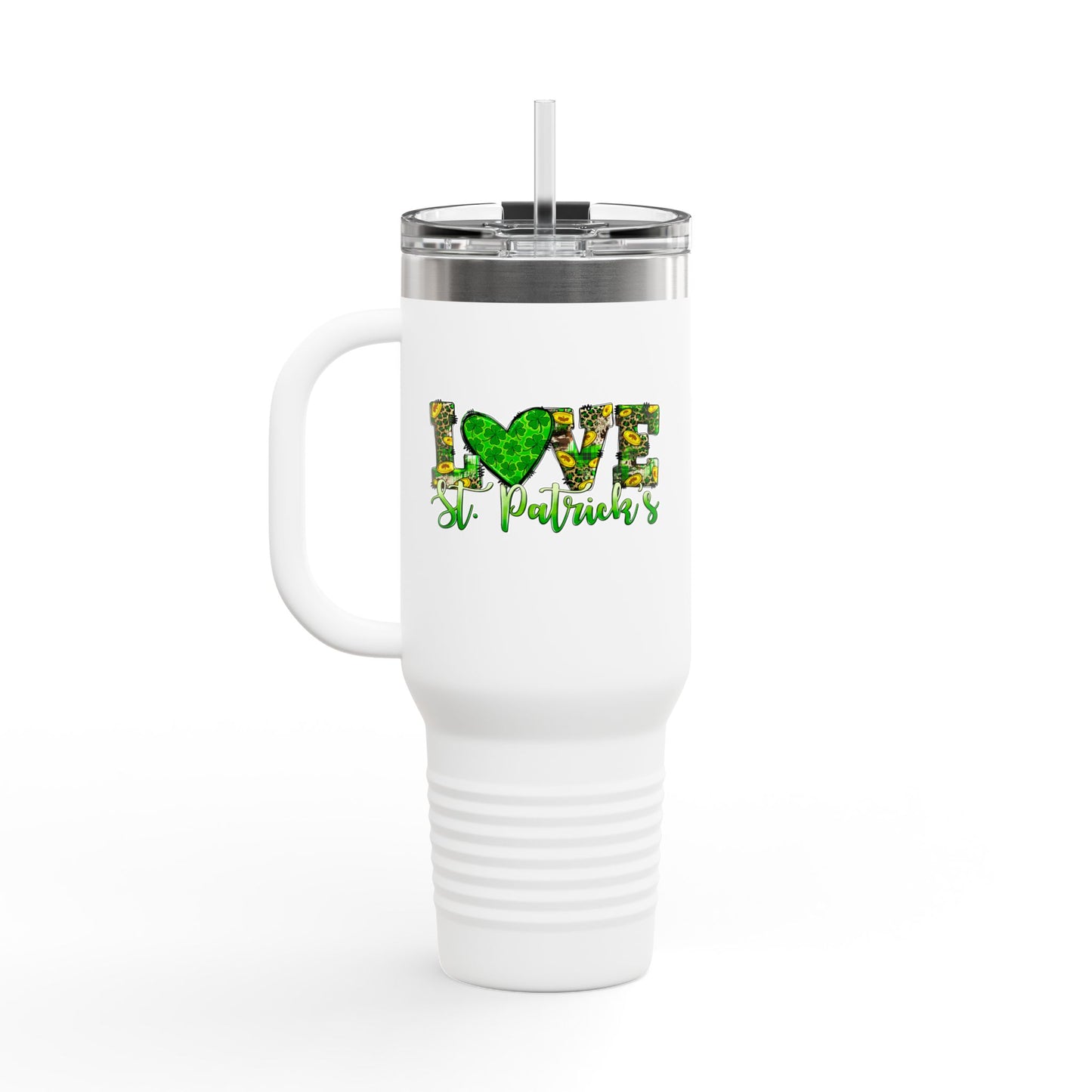 St Patricks Day Love Insulated Travel Mug, 40oz | Cute Green Heart Design | Perfect for Road Trips & Gifts | Ideal for Travel Lovers, Coffee