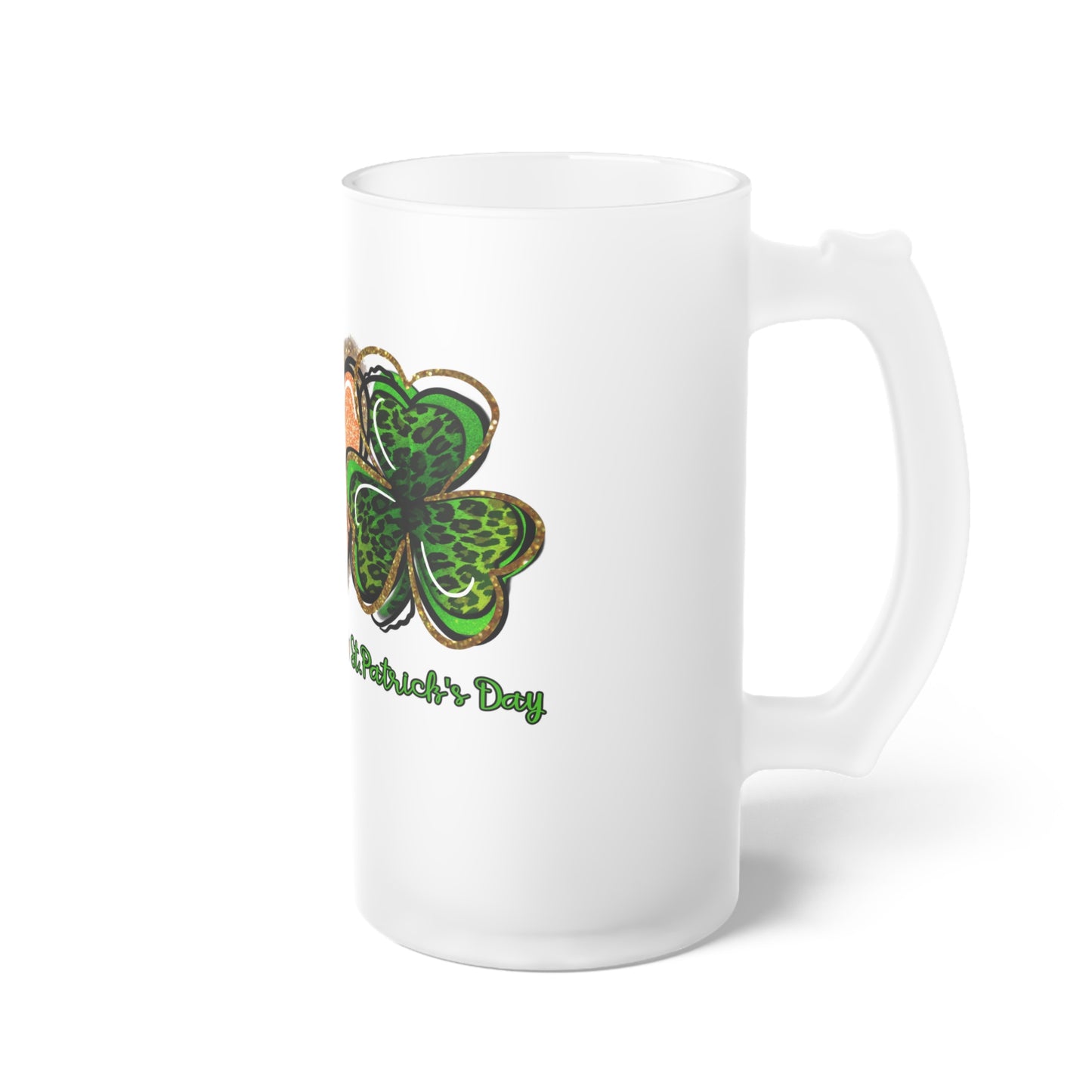 St. Patricks Day Frosted Glass Beer Mug - Peace Love Clover Design, Festive Drinkware, Holiday Gift, Barware, Shamrock Decor