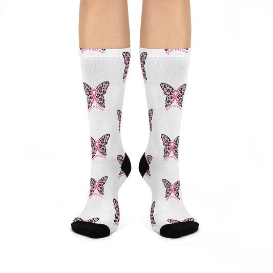 Butterfly Print Cushioned Crew Socks - Cute Gift, Fashion Accessory, Casual Wear, Stylish Comfort, Birthday Present, Breast Cancer Survivor