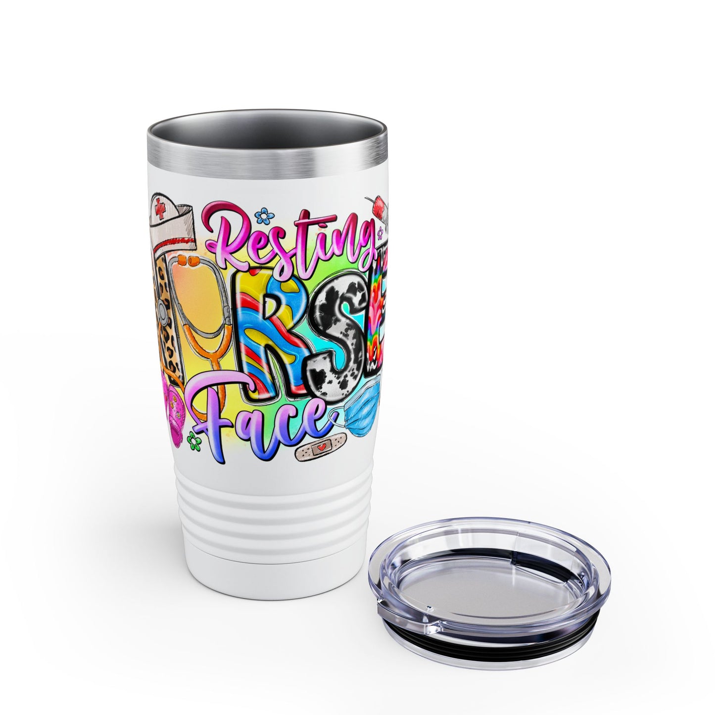 Resting Face Tumbler, 20oz Ringneck Travel Mug for Nurses, Gift for Healthcare Workers, Funny Coffee Cup