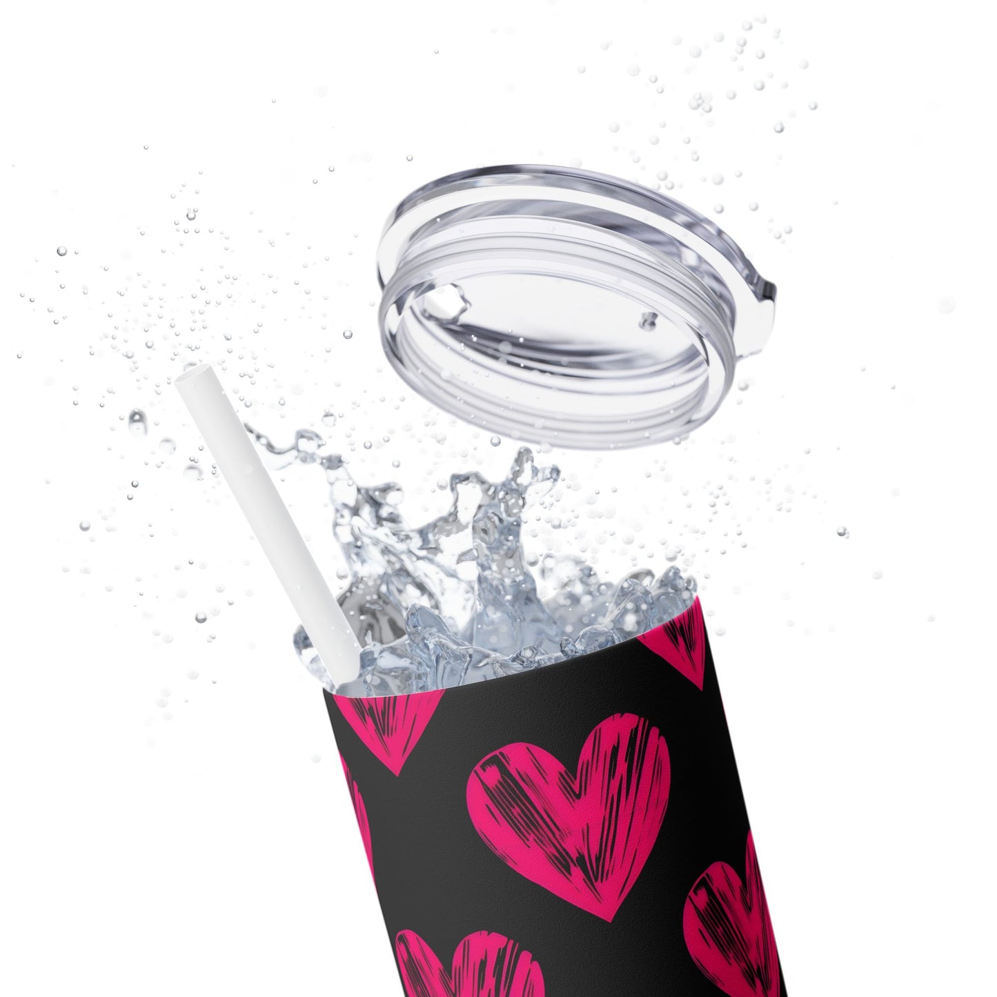 Pink Heart Skinny Tumbler with Straw, Stylish 20oz Travel Cup, Perfect for Gifts, Valentine's Day, Love, Drinks