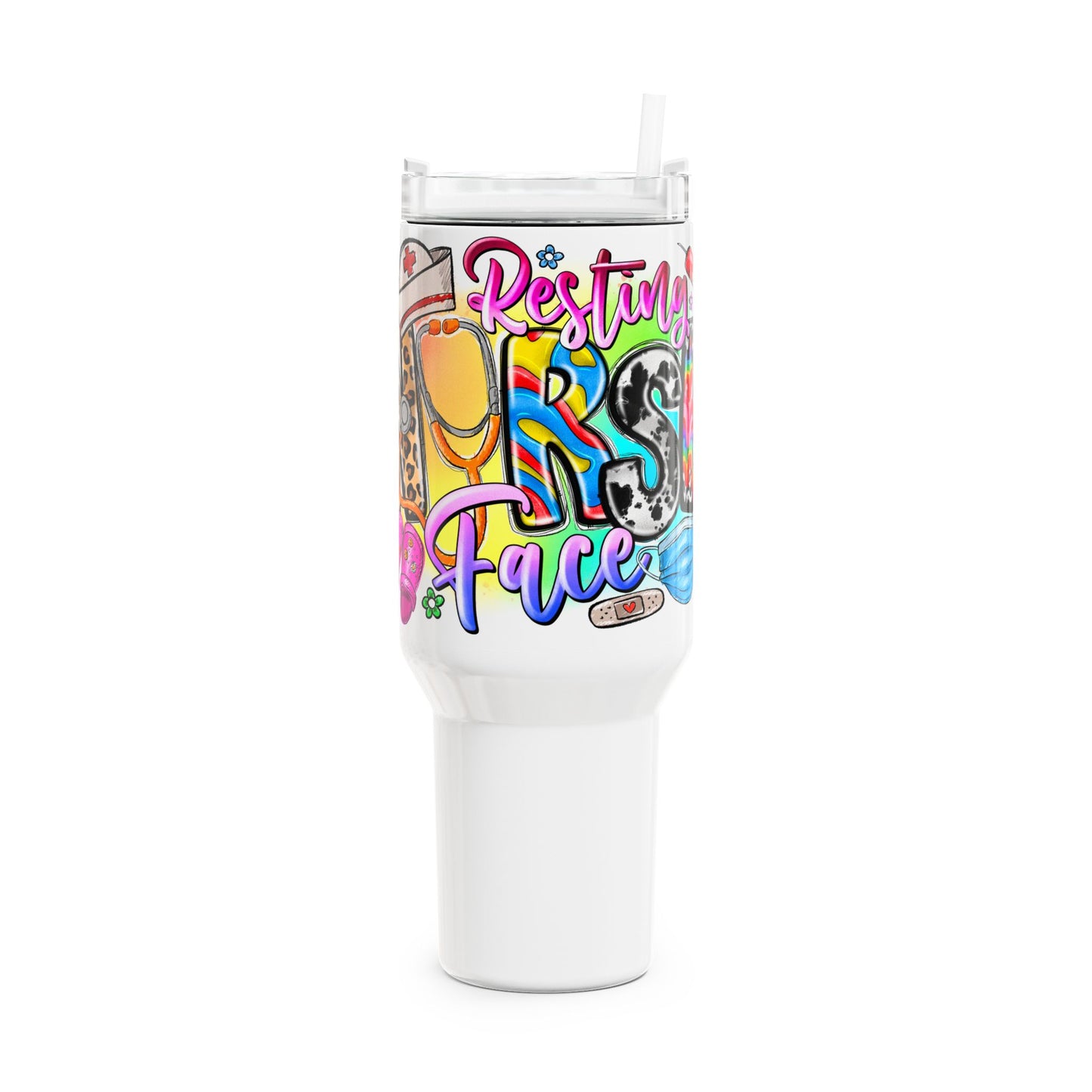 Resting Face Tumbler, Funny 40oz Travel Mug for Nurses, Colorful Drinkware Gift, Summer Party, Beach Day, Self Care