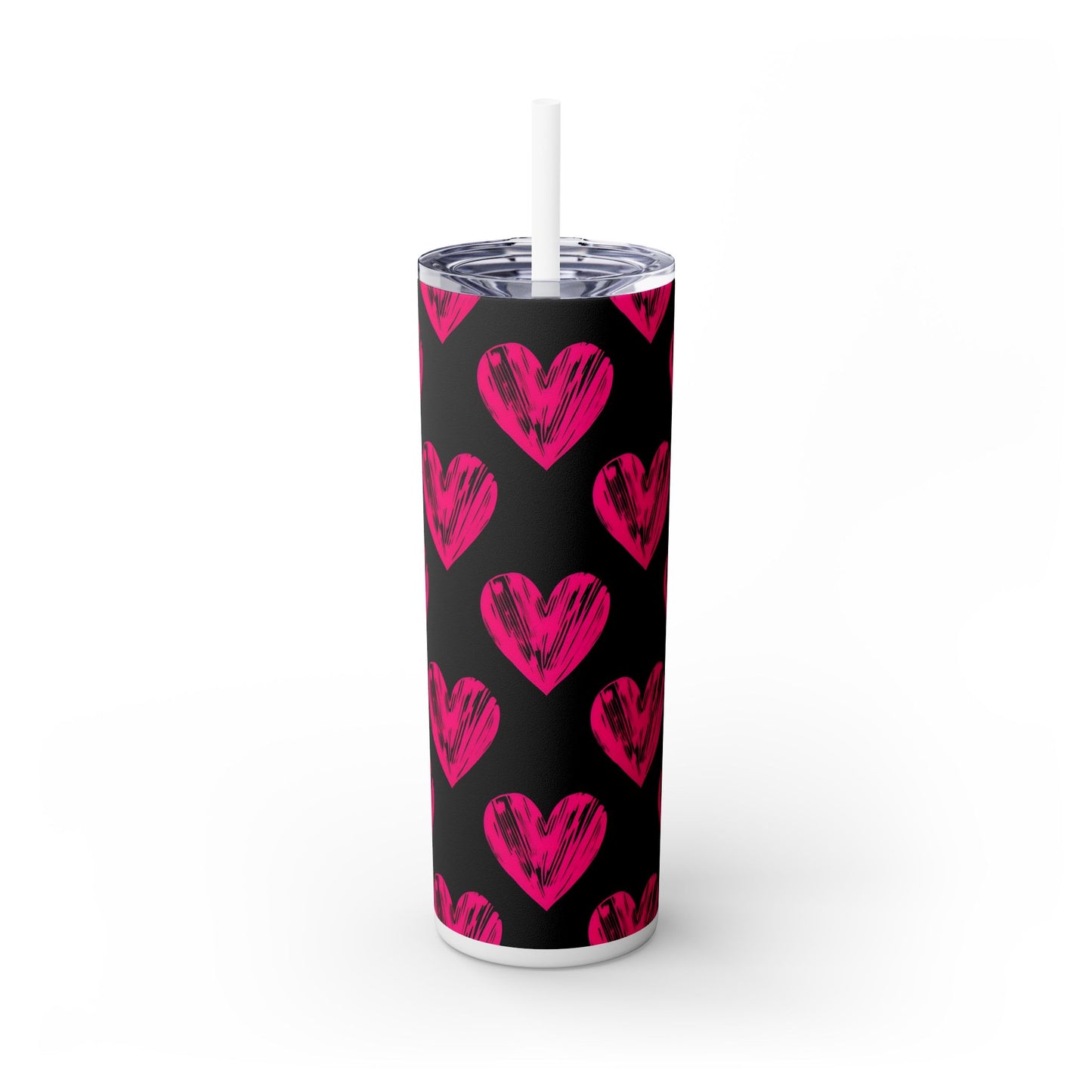 Pink Heart Skinny Tumbler with Straw, Stylish 20oz Travel Cup, Perfect for Gifts, Valentine's Day, Love, Drinks