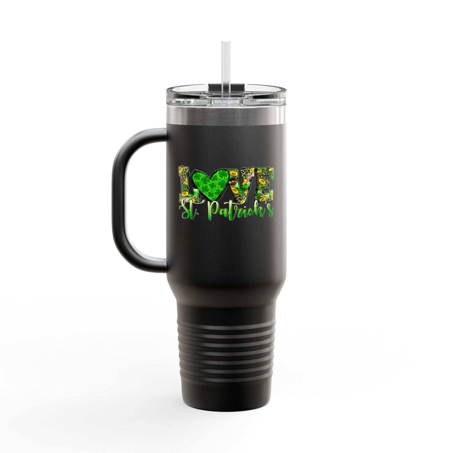 St Patricks Day Love Insulated Travel Mug, 40oz | Cute Green Heart Design | Perfect for Road Trips & Gifts | Ideal for Travel Lovers, Coffee