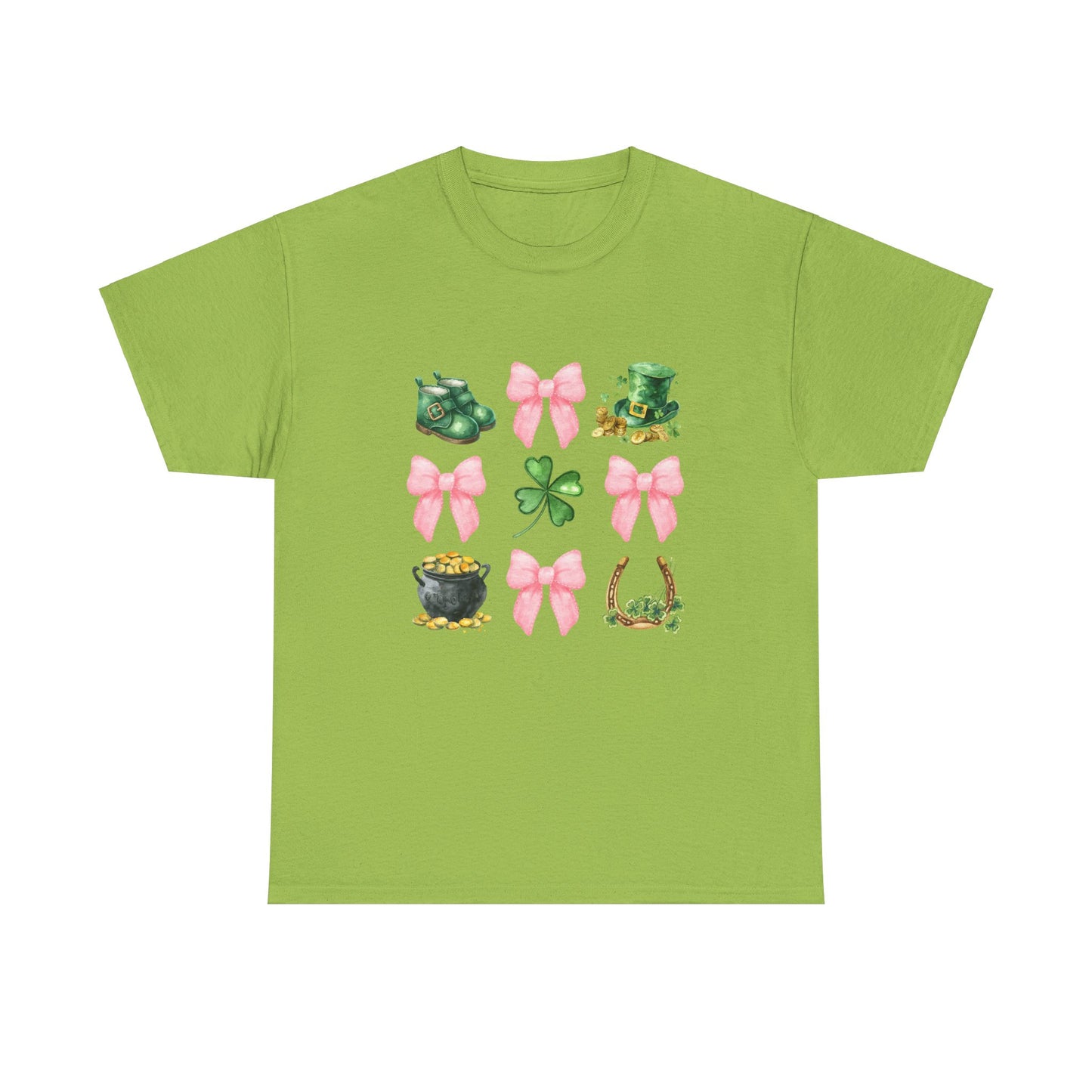 St Patricks Day Unisex Heavy Cotton Tee, Cute Clover &amp; Bow Design, Lucky Shirt for Festivities, Green Holiday Apparel, Fun Gift Idea,