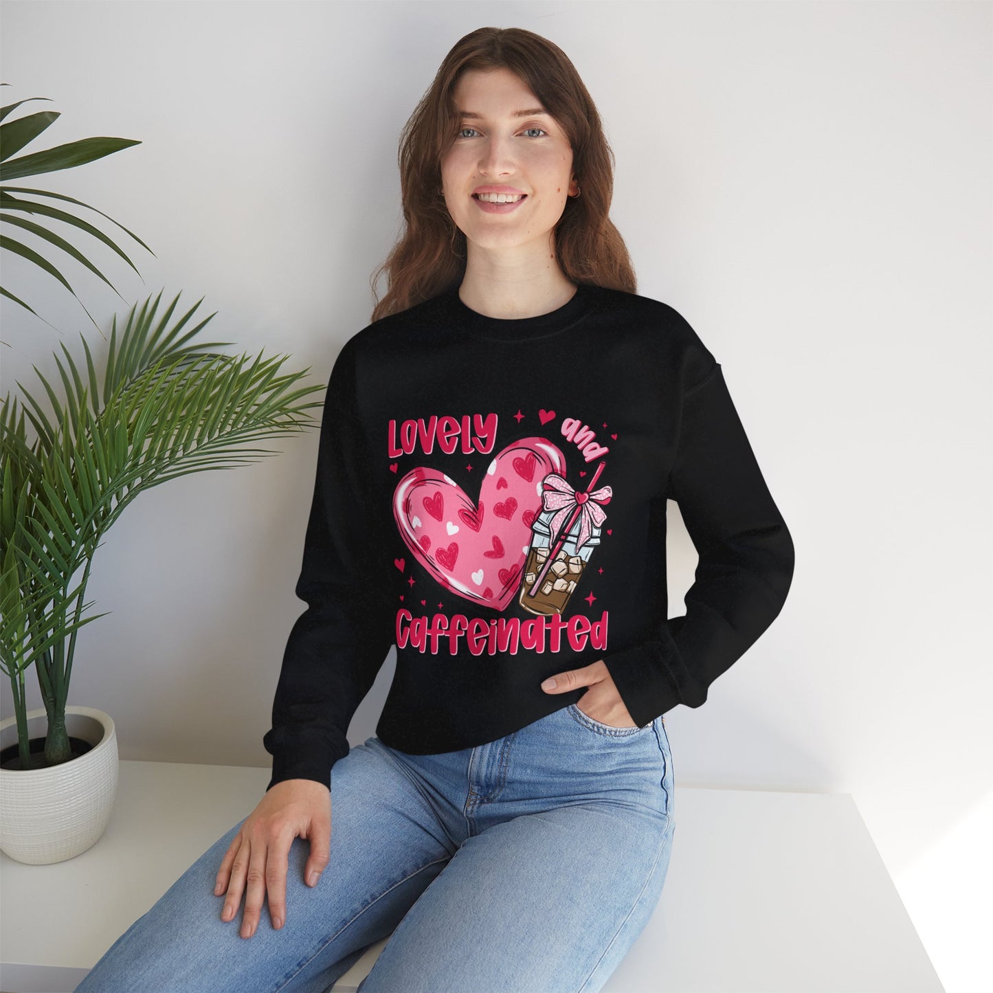 Lovely Caffeinated Unisex Crewneck Sweatshirt - Cozy Heart Design