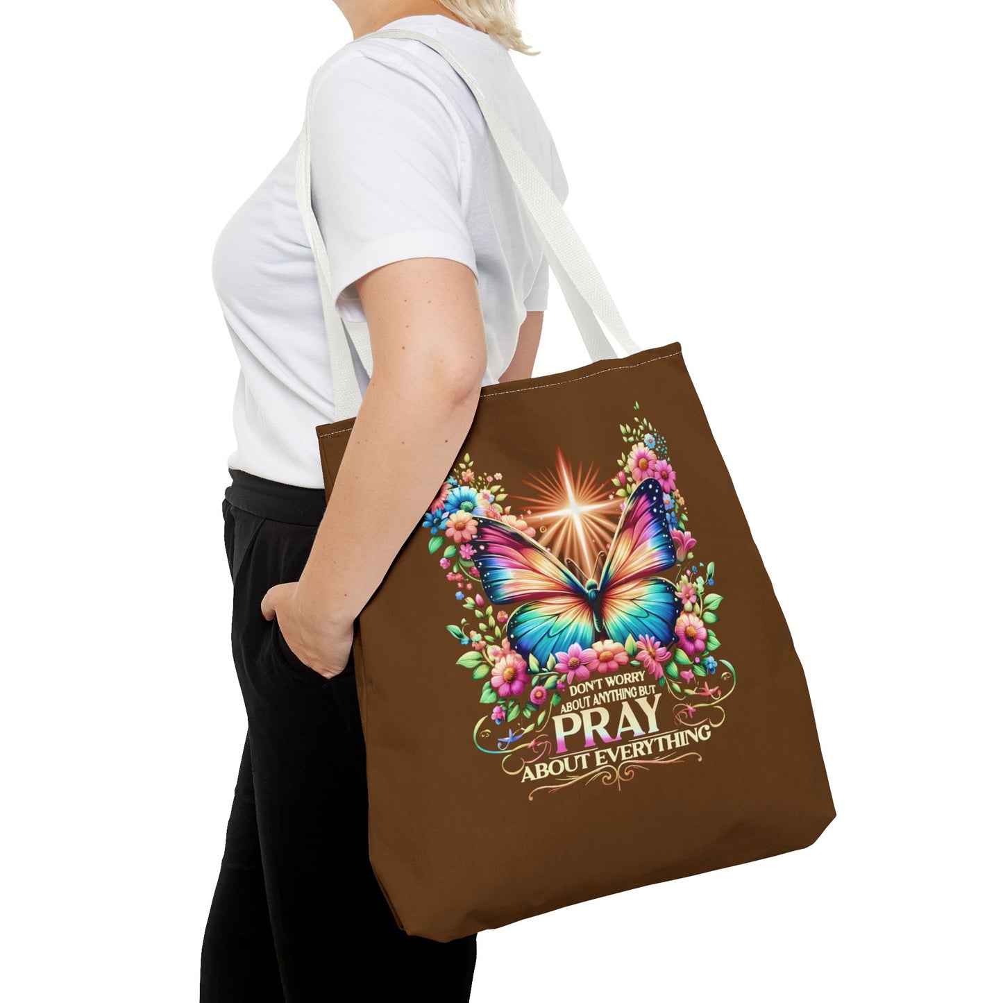 Inspirational Butterfly Tote Bag - "Don't Worry, Pray About Everything" - Motivational Gift, Eco-Friendly Tote, Reusable Shopping Bag,