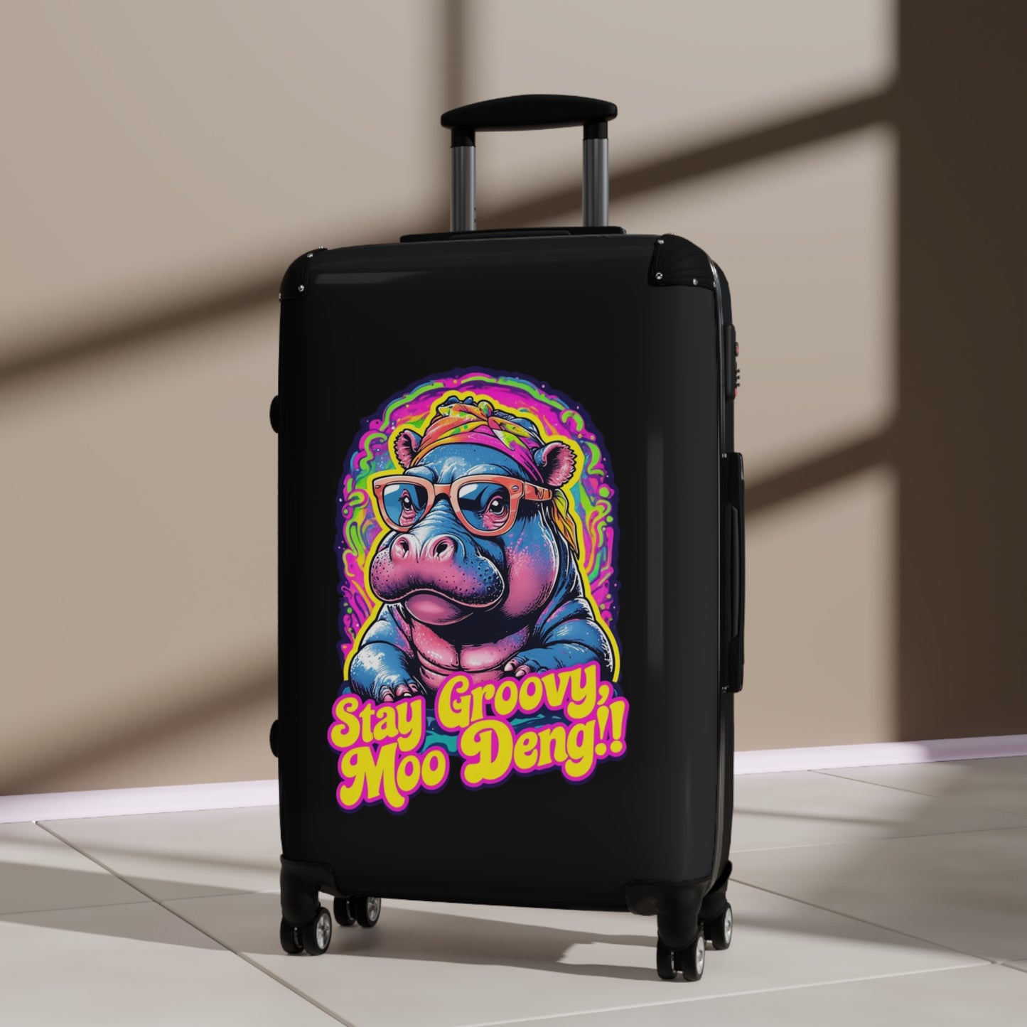 Groovy Hippo Suitcase - Fun Luggage for Travelers, Vacation, Gifts - Stay Groovy Moo Deng Design, Summer Adventures, Cute Travel Gear