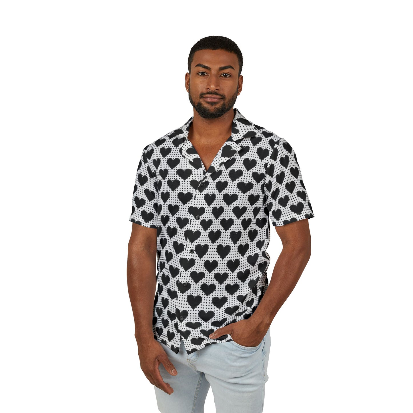 Stylish Mens Hawaiian Camp Shirt - Black Heart Design, Summer Vibes, Beachwear, Casual Wear, Vacation Outfit, Gift for Him, Valentines Day