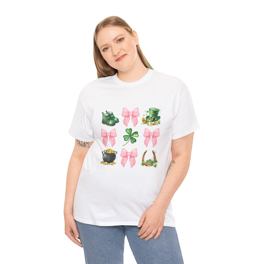 St Patricks Day Unisex Heavy Cotton Tee, Cute Clover &amp; Bow Design, Lucky Shirt for Festivities, Green Holiday Apparel, Fun Gift Idea,