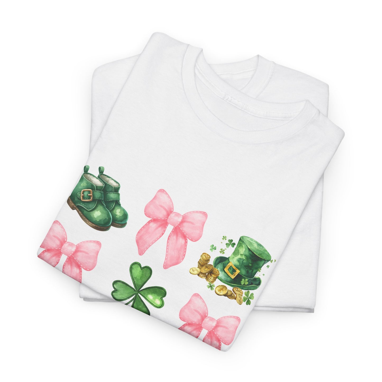 St Patricks Day Unisex Heavy Cotton Tee, Cute Clover &amp; Bow Design, Lucky Shirt for Festivities, Green Holiday Apparel, Fun Gift Idea,