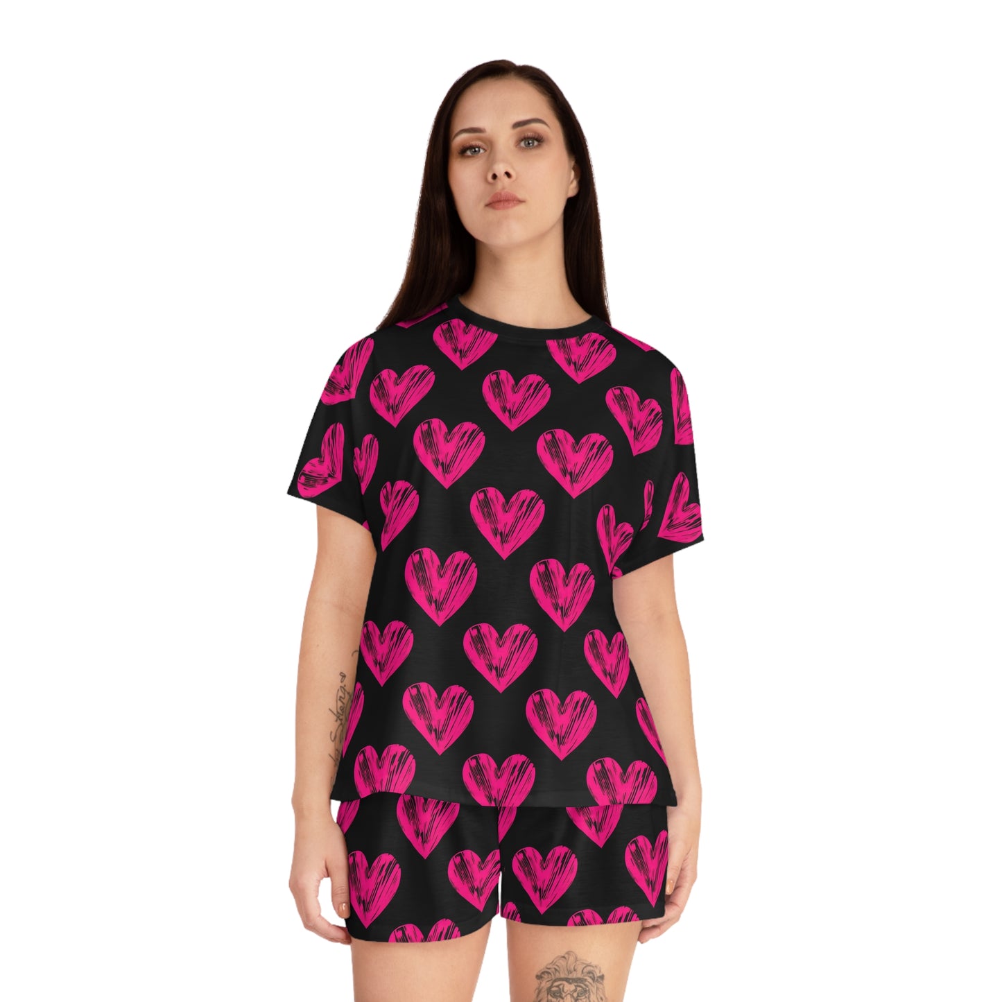 Heart Printed Women's Short Pajama Set - Cute and Comfy Sleepwear for Valentine's Day