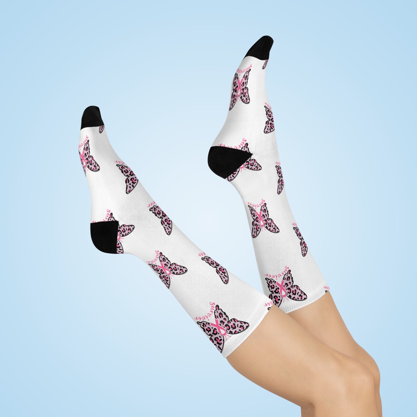 Butterfly Print Cushioned Crew Socks - Cute Gift, Fashion Accessory, Casual Wear, Stylish Comfort, Birthday Present, Breast Cancer Survivor