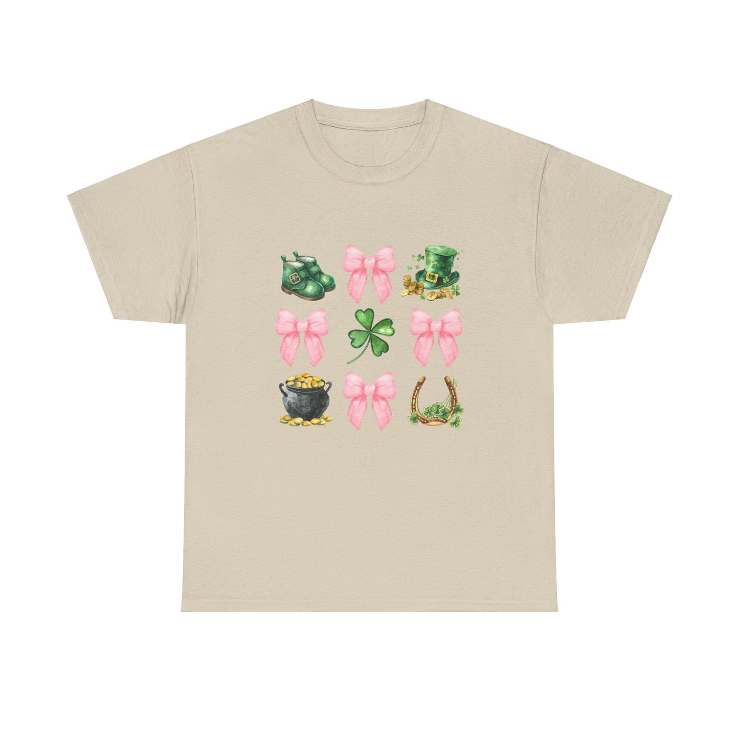 St Patricks Day Unisex Heavy Cotton Tee, Cute Clover &amp; Bow Design, Lucky Shirt for Festivities, Green Holiday Apparel, Fun Gift Idea,