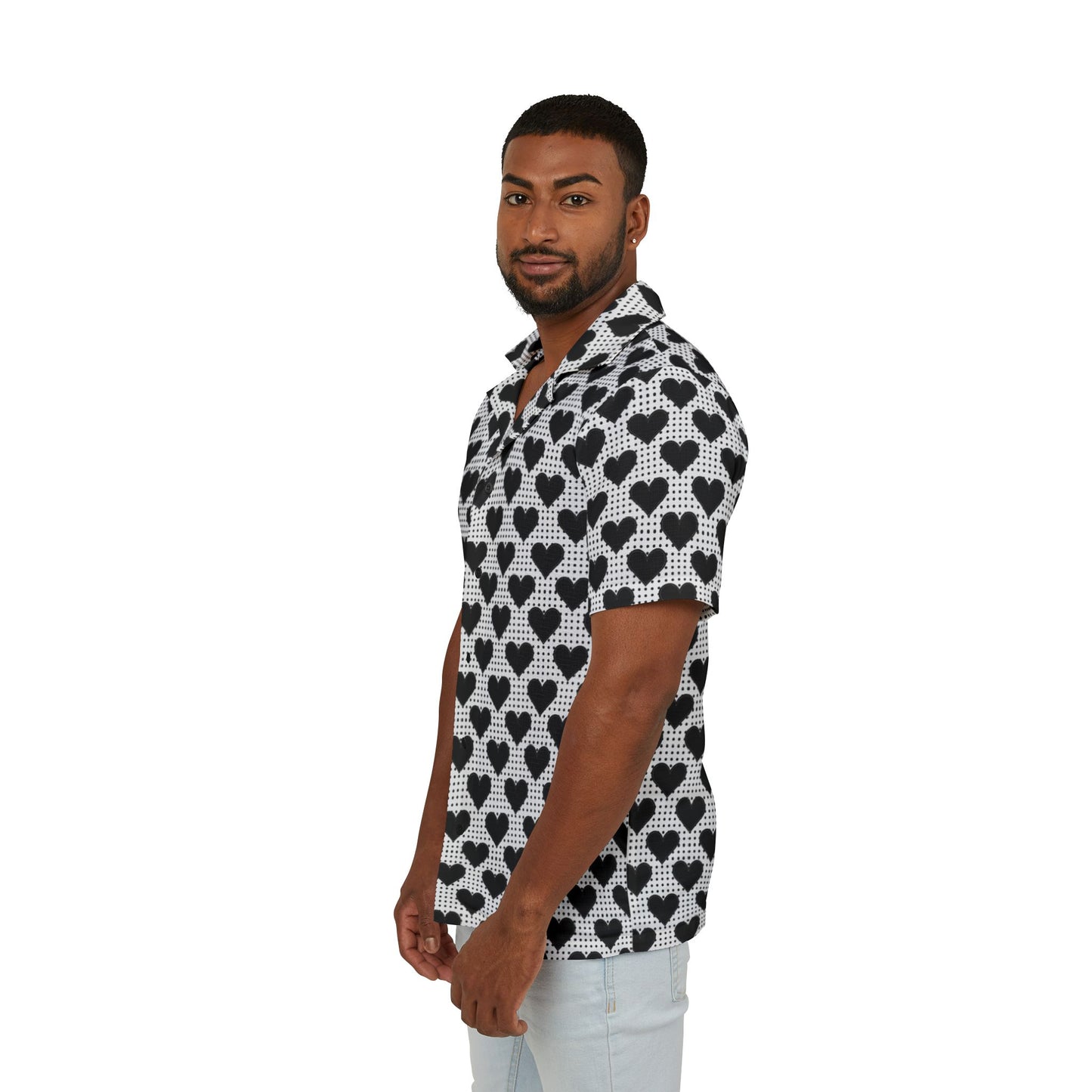 Stylish Mens Hawaiian Camp Shirt - Black Heart Design, Summer Vibes, Beachwear, Casual Wear, Vacation Outfit, Gift for Him, Valentines Day