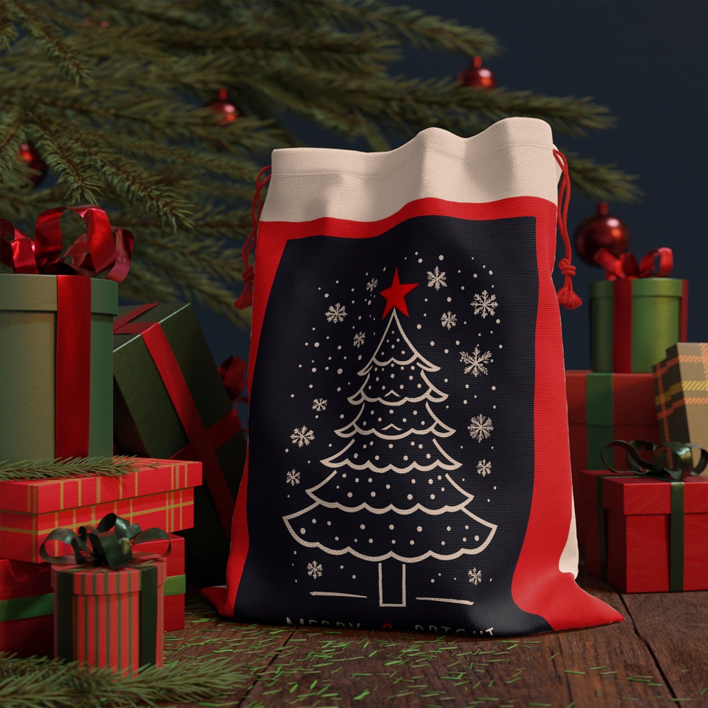 Merry & Bright Christmas Gift Bag | Festive Holiday Tote for Presents, Eco-Friendly Gift Wrapping, Yule Bag, Seasonal Décor