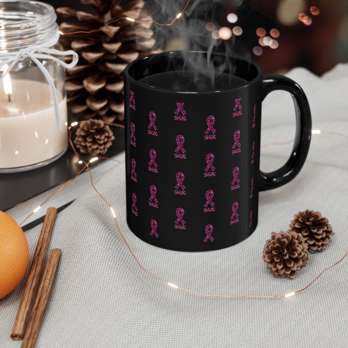 Pink Ribbon Support Mug, Cancer Awareness Coffee Cup, Breast Cancer Fighters Gift, Encouragement, Thoughtful Present, Black Mug 11oz 15oz