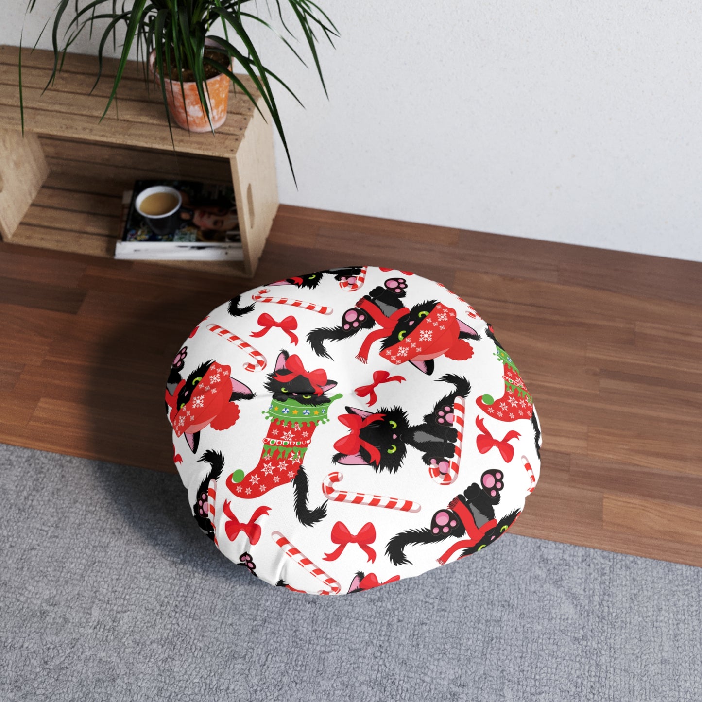 Festive Cat Tufted Floor Pillow, Cozy Pet Bed for Christmas, Holiday Decor, Cute Cat Lovers Gift, Round Plush Cushion