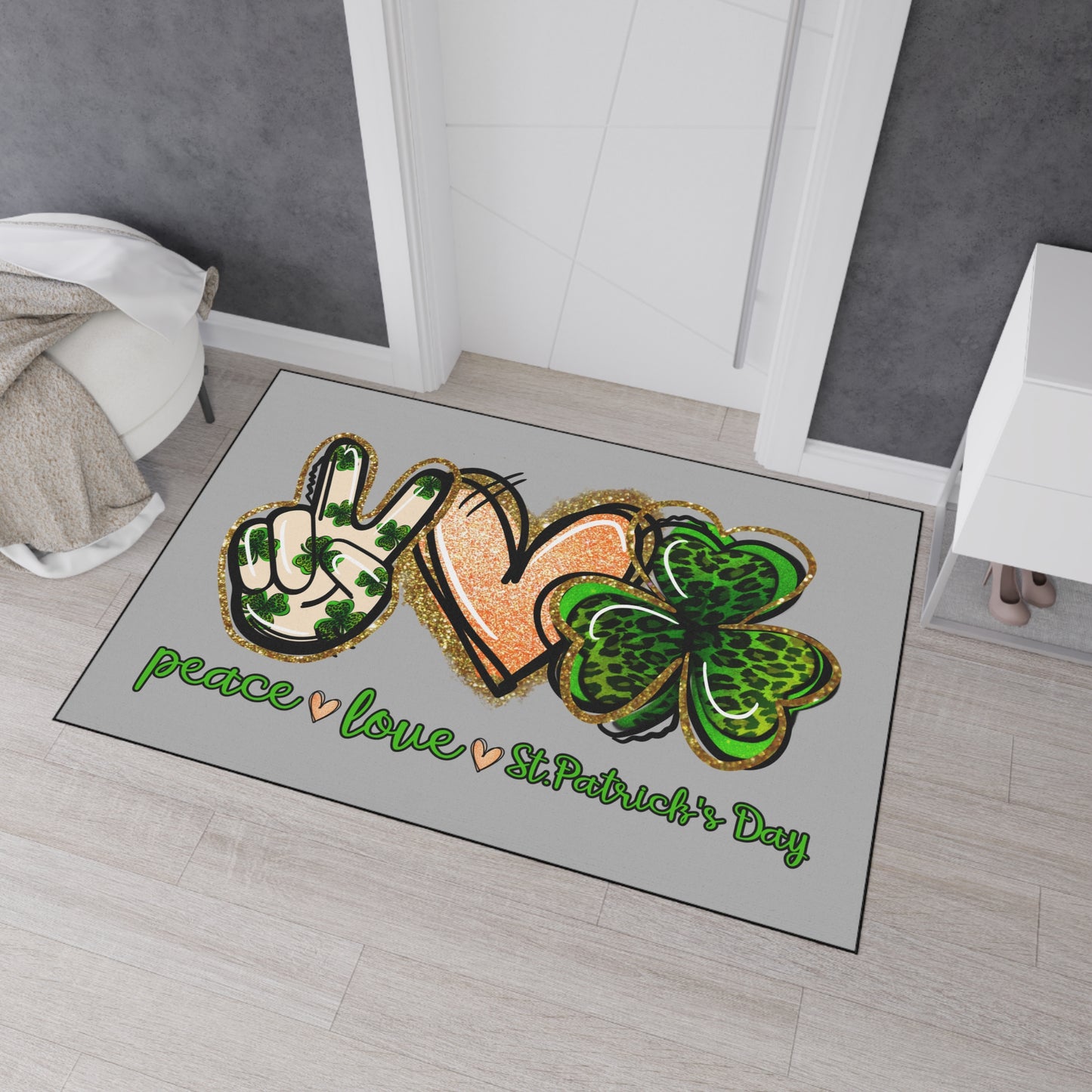 St. Patrick's Day Heavy Duty Floor Mat - Peace, Love, Shamrock Decor, Holiday Home Accent, Party, Seasonal Floor Mat, Unique Gift