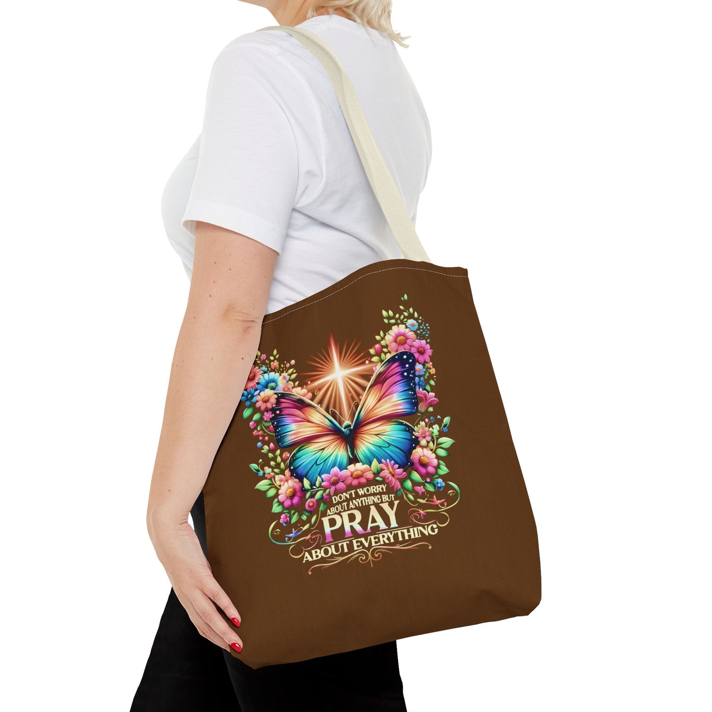 Inspirational Butterfly Tote Bag - "Don't Worry, Pray About Everything" - Motivational Gift, Eco-Friendly Tote, Reusable Shopping Bag,