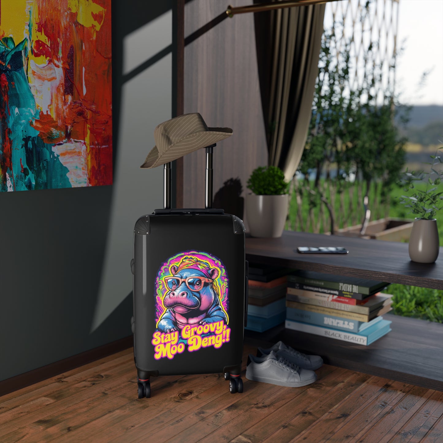 Groovy Hippo Suitcase - Fun Luggage for Travelers, Vacation, Gifts - Stay Groovy Moo Deng Design, Summer Adventures, Cute Travel Gear