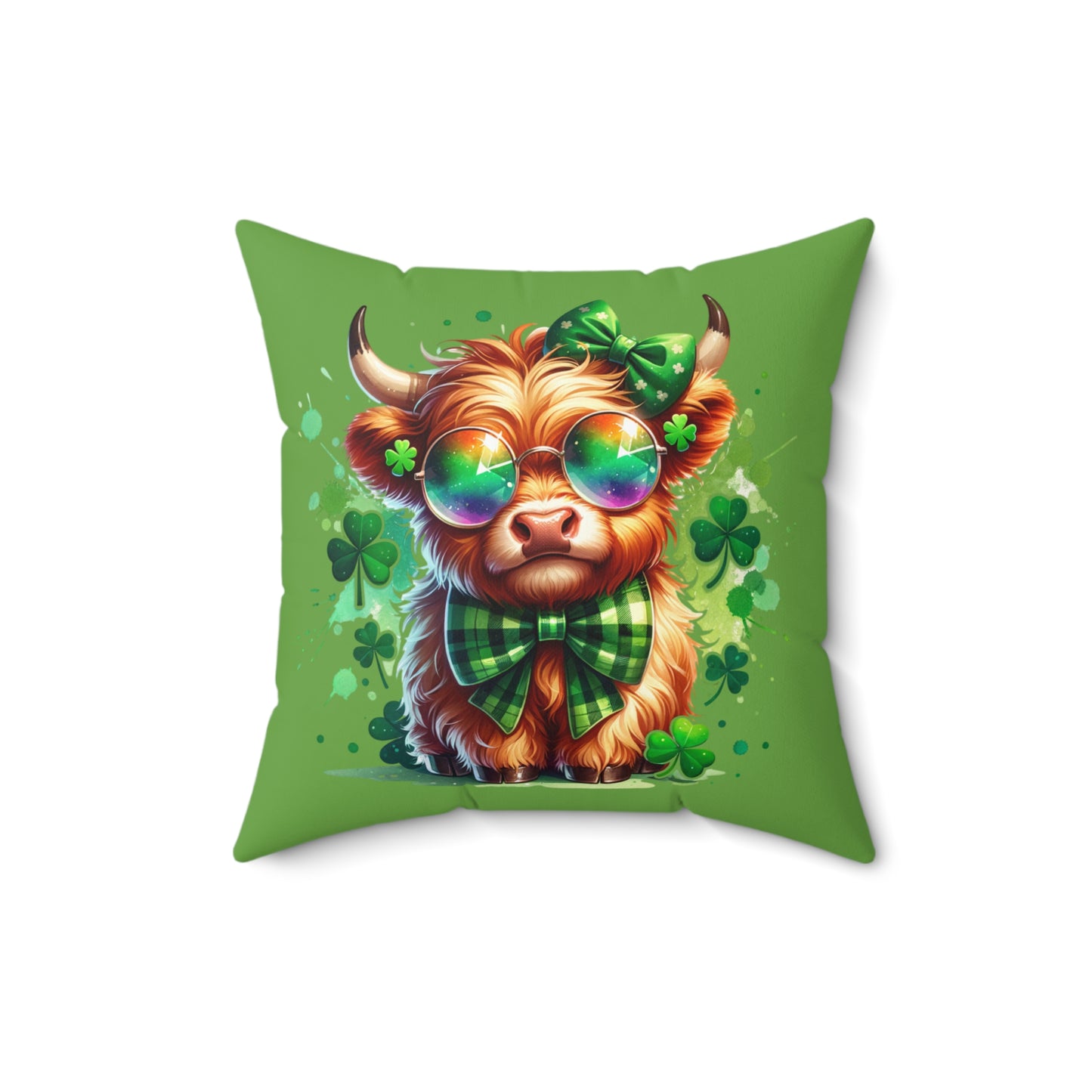 St. Patricks Day Highland Cow Pillow, Cute Home Decor, Throw Cushion for Cozy Living Spaces, Irish Gift, Shamrock Decoration