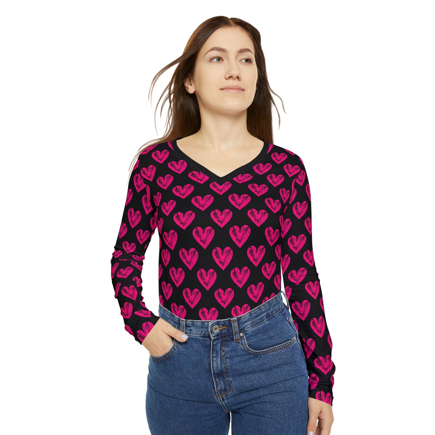 Heart Pattern Women's Long Sleeve V-Neck Shirt - Perfect for Valentine's Day and Casual Wear