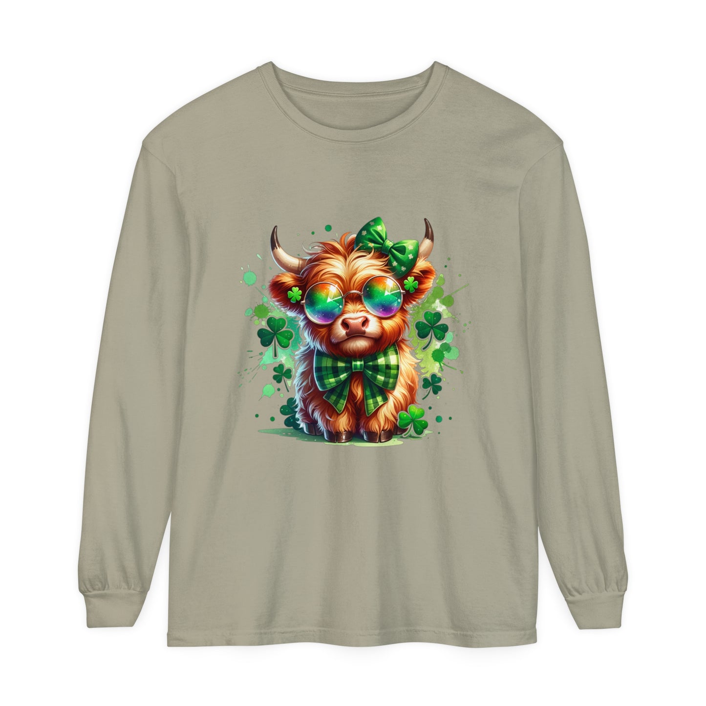 Charming Highland Cow Long Sleeve Tee, Fun St. Patrick's Day Top, Irish Gift, Cute Animal Shirt, Casual Wear, Ladies & Gents