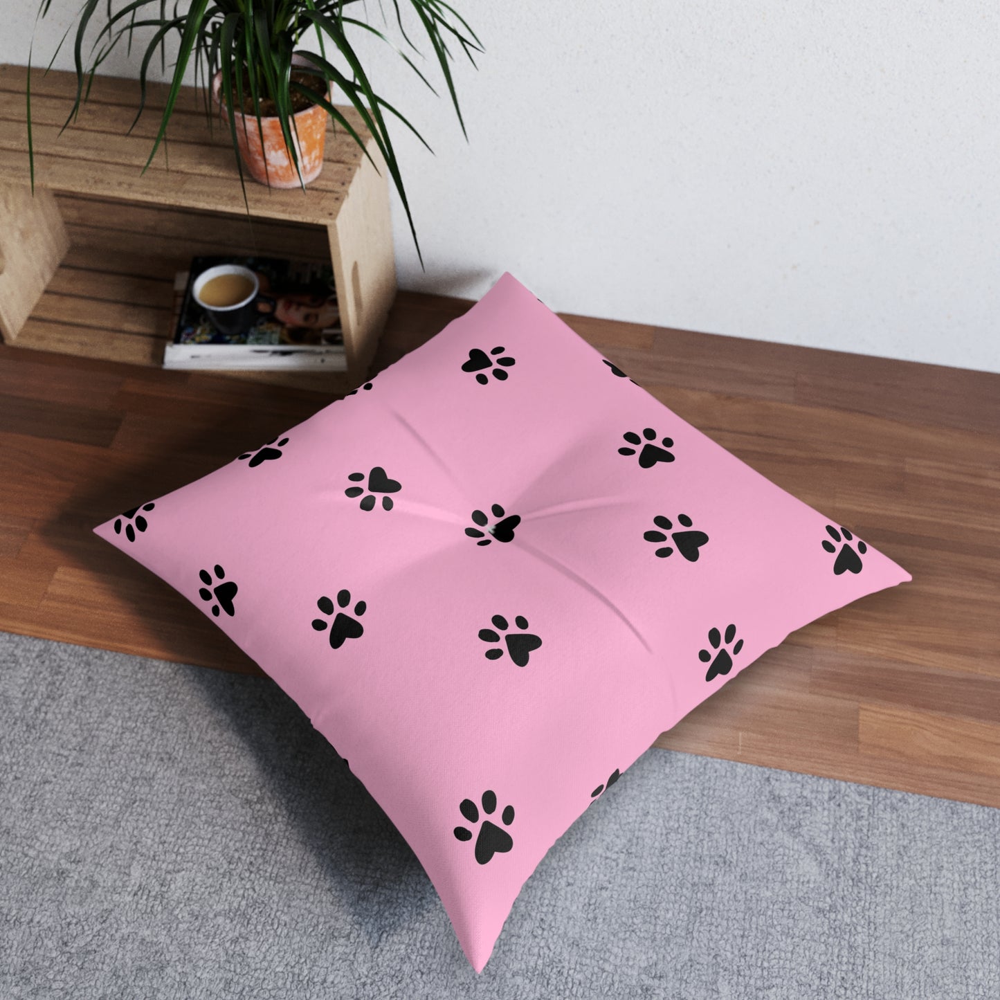 Cute Pet Paw Print Tufted Floor Pillow - Cozy Dog Cat Decor, Pink Pet Lover Gift, Lounge Cushion, Home Accents, Animal Theme