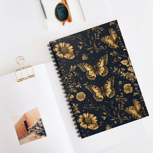 Golden Butterfly Journal - Ruled Line Spiral Notebook, Gift for Nature Lovers, Elegant School Supplies, Writing Journal