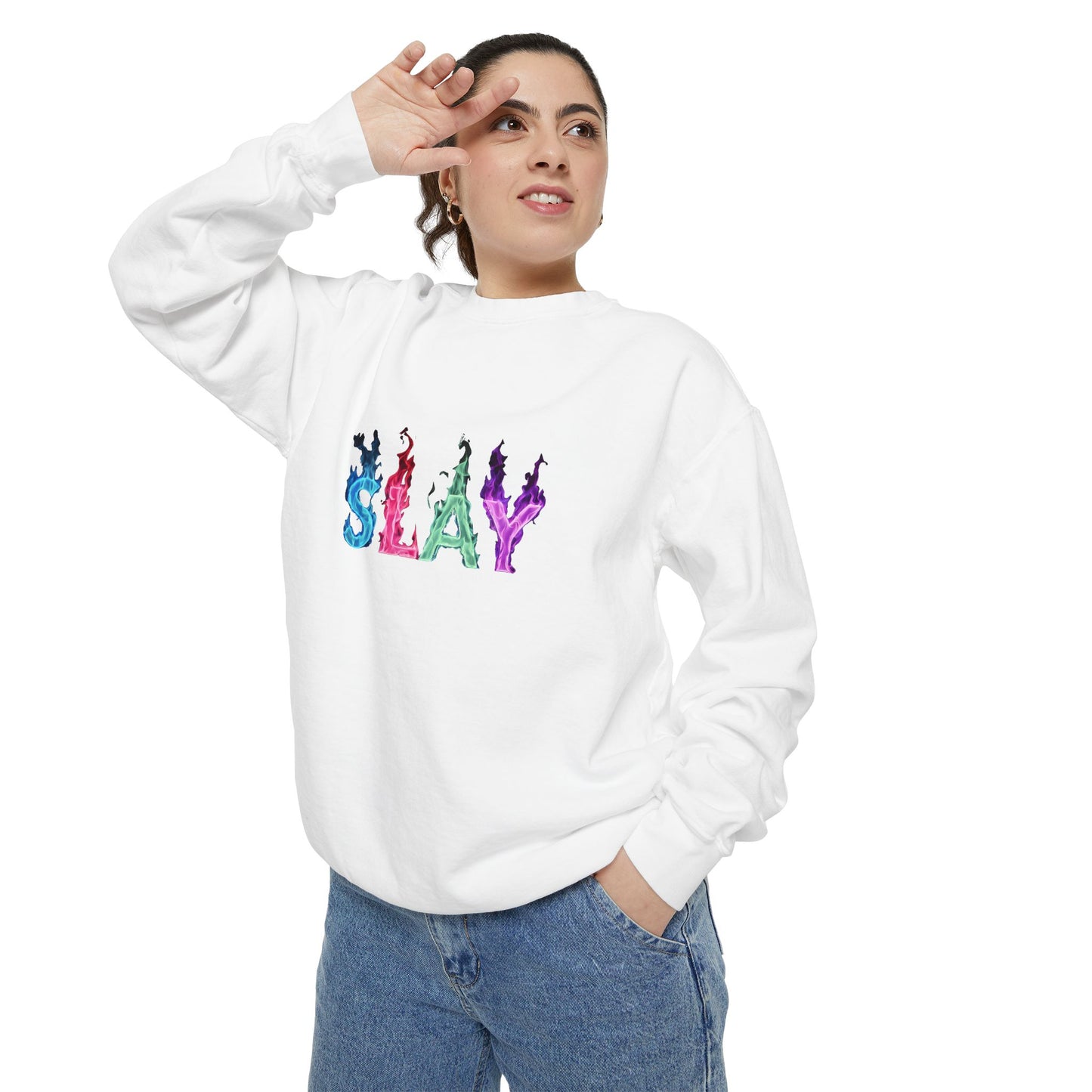 Slay Sweatshirt, Trendy Garment-Dyed Pullover, Perfect Gift for Fashion Lovers, Comfortable Casual Wear, Street Style, Birthday Gift, -