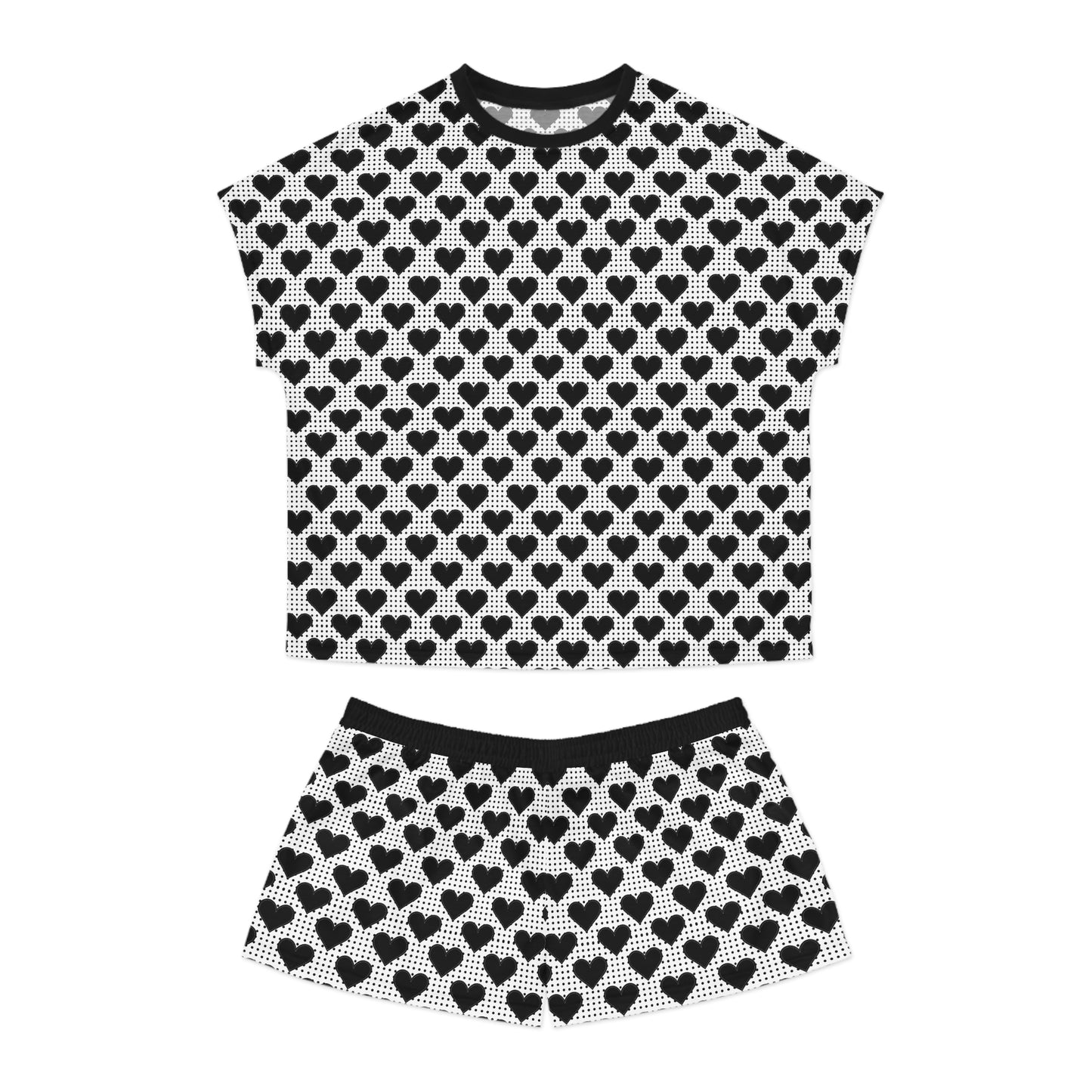 Cozy Black Heart Print Women's Pajama Set | Short Sleeve Tee & Shorts