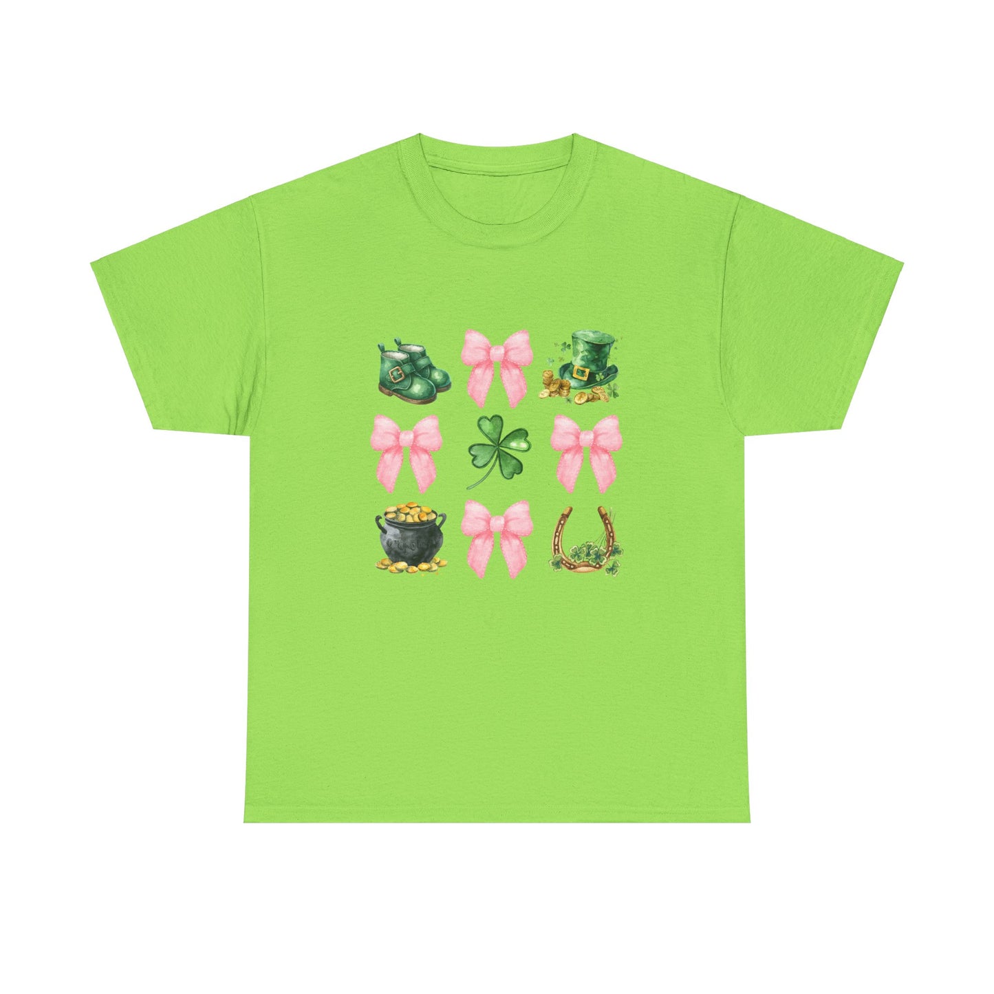 St Patricks Day Unisex Heavy Cotton Tee, Cute Clover &amp; Bow Design, Lucky Shirt for Festivities, Green Holiday Apparel, Fun Gift Idea,