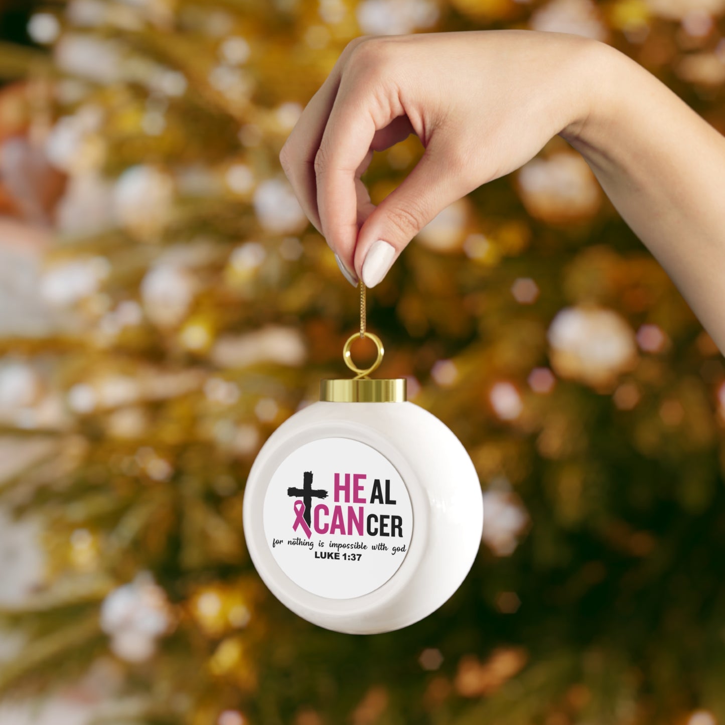 Inspirational Christmas Ball Ornament, Faith Decor for Holidays, Cancer Awareness Ornament, Religious Gift, Luke 1:37,