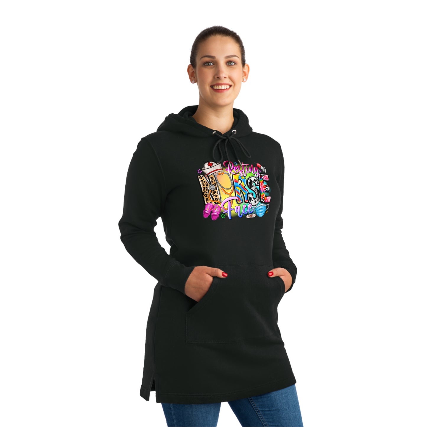 Colorful Nurse Graphic Hoodie Dress for Streetwear Lovers, Cozy Outfit, Casual Fashion, Gift for Her, Everyday Wear - Streeter Hoodie Dress.