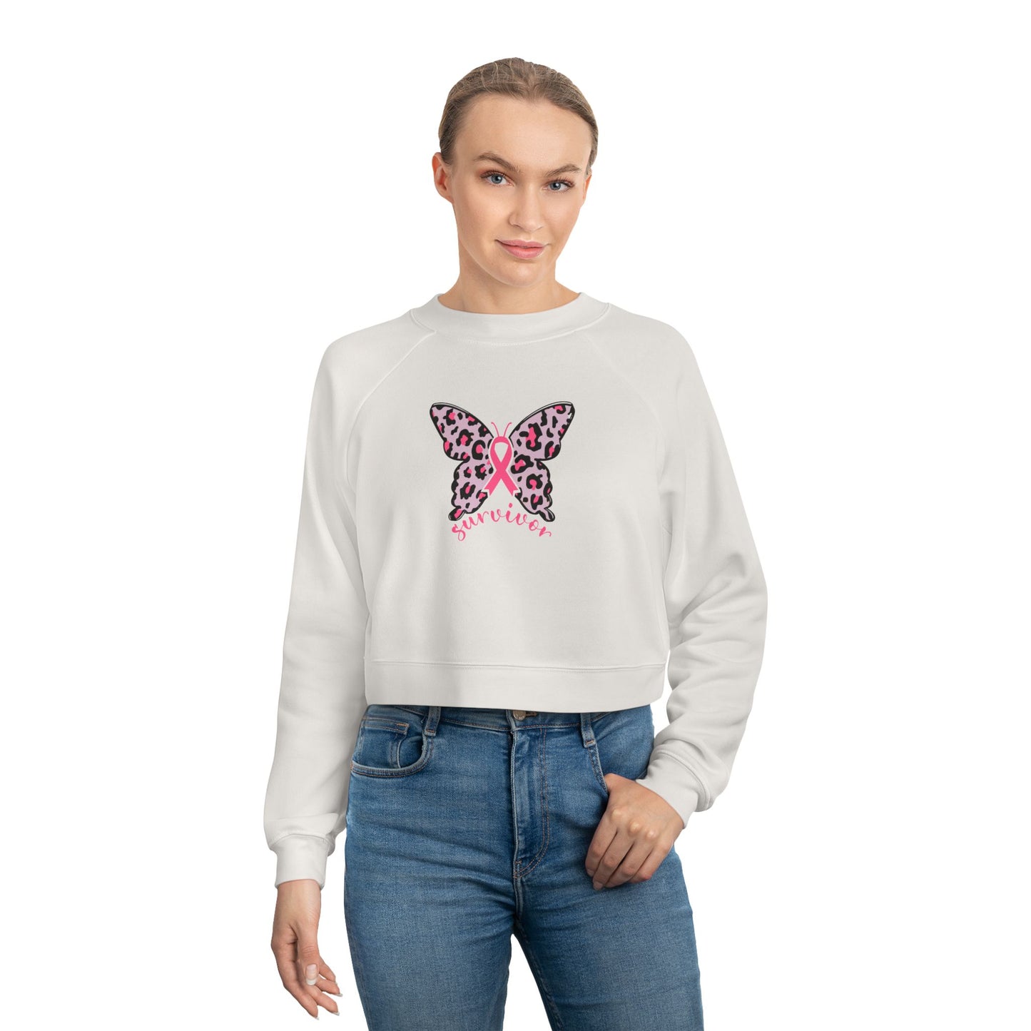 Butterfly Survivor Women's Cropped Fleece Pullover, Cute Sweatshirt, Gift for Cancer Awareness, Lightweight Sweater for Women, Inspirational