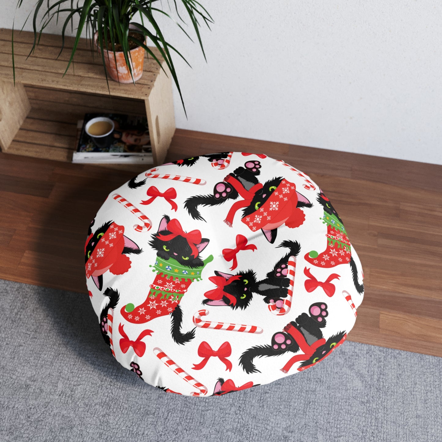 Festive Cat Tufted Floor Pillow, Cozy Pet Bed for Christmas, Holiday Decor, Cute Cat Lovers Gift, Round Plush Cushion