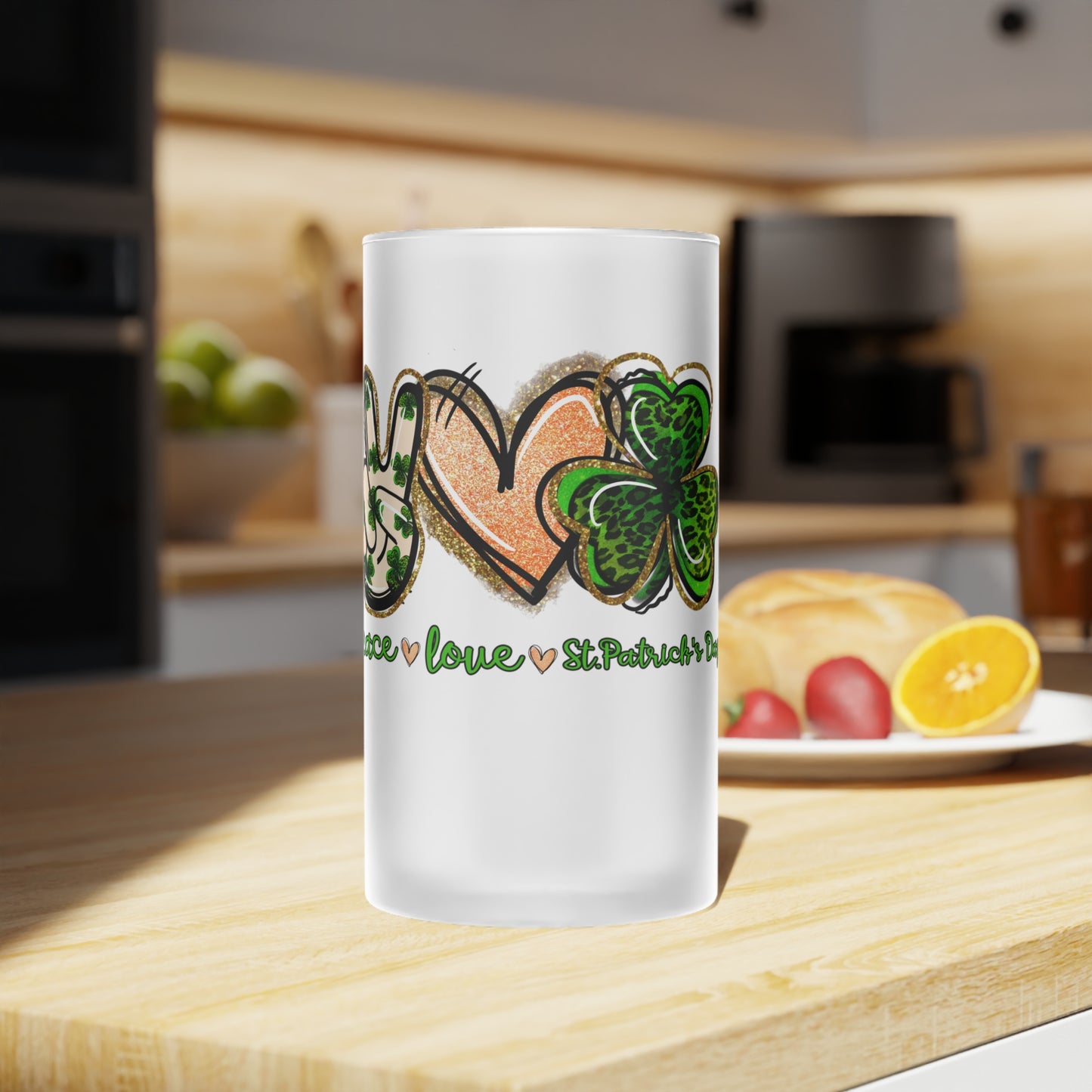 St. Patricks Day Frosted Glass Beer Mug - Peace Love Clover Design, Festive Drinkware, Holiday Gift, Barware, Shamrock Decor