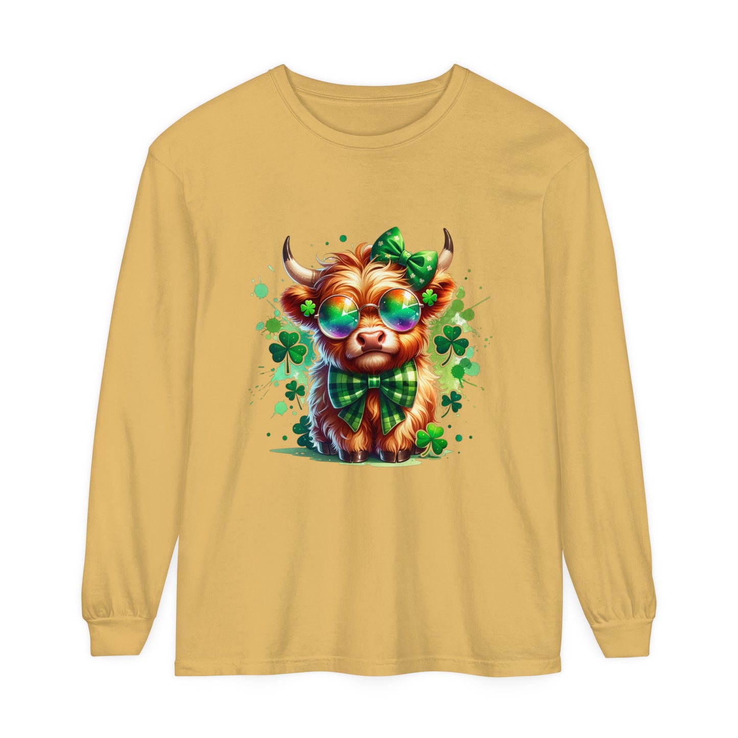 Charming Highland Cow Long Sleeve Tee, Fun St. Patrick's Day Top, Irish Gift, Cute Animal Shirt, Casual Wear, Ladies & Gents