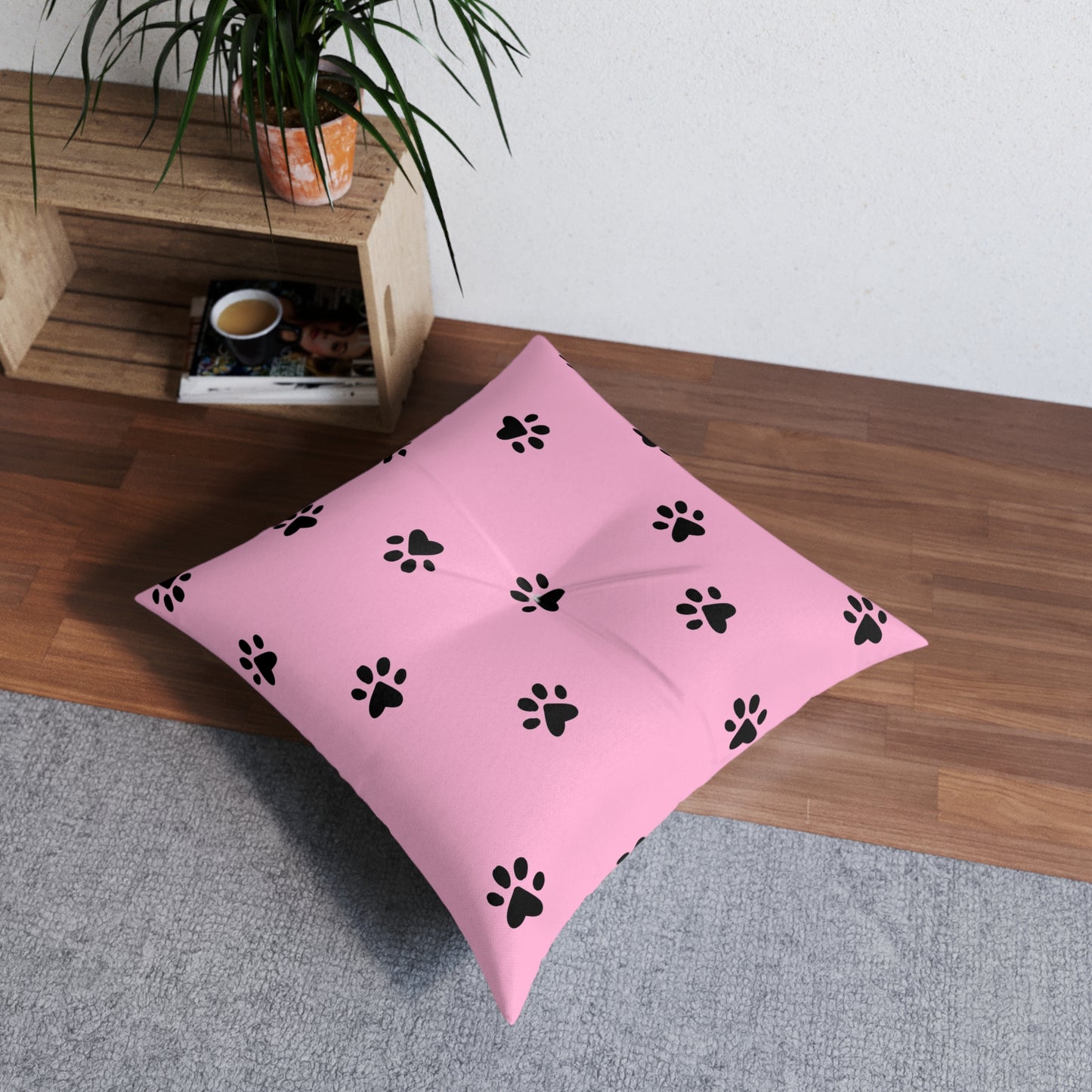 Cute Pet Paw Print Tufted Floor Pillow - Cozy Dog Cat Decor, Pink Pet Lover Gift, Lounge Cushion, Home Accents, Animal Theme