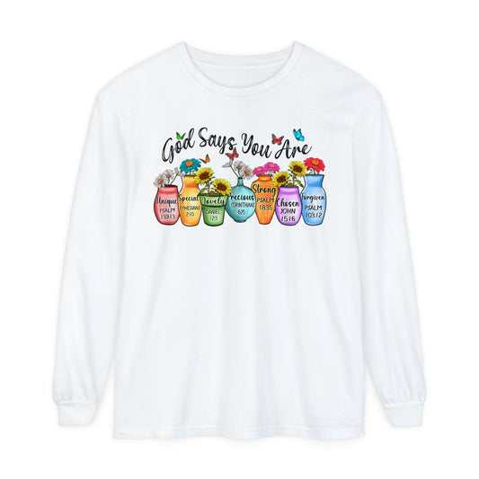 Inspirational Long Sleeve Tee - "God Says You Are" Apparel, Motivational Gift, Faith-Based Shirt, Spring Fashion, Unisex Tee