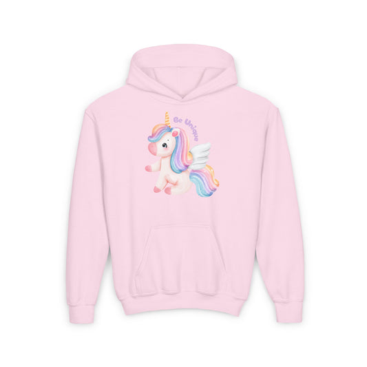 Youth Unicorn Hoodie, Be Unique Hooded Sweatshirt, Kids Gift, Birthday Present, Magical Apparel for All Occasions