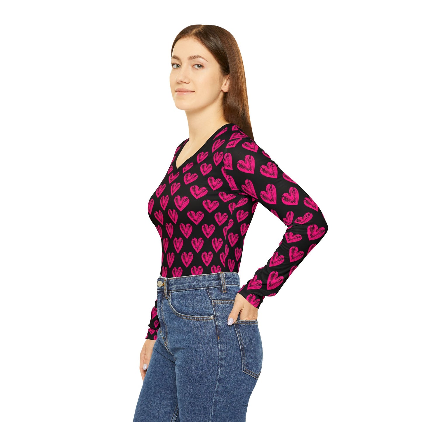 Heart Pattern Women's Long Sleeve V-Neck Shirt - Perfect for Valentine's Day and Casual Wear