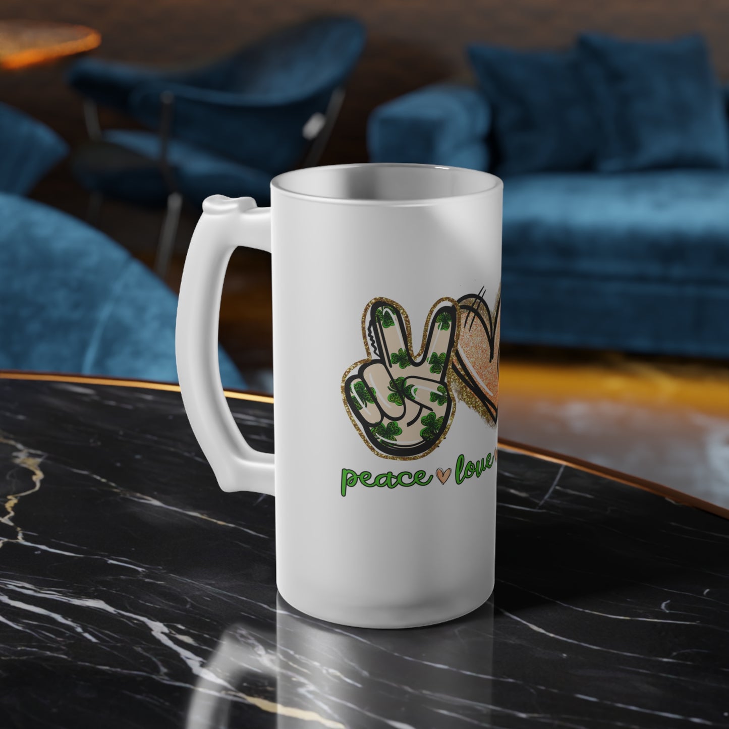 St. Patricks Day Frosted Glass Beer Mug - Peace Love Clover Design, Festive Drinkware, Holiday Gift, Barware, Shamrock Decor