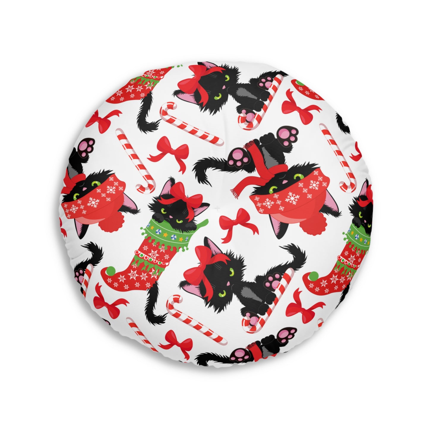 Festive Cat Tufted Floor Pillow, Cozy Pet Bed for Christmas, Holiday Decor, Cute Cat Lovers Gift, Round Plush Cushion