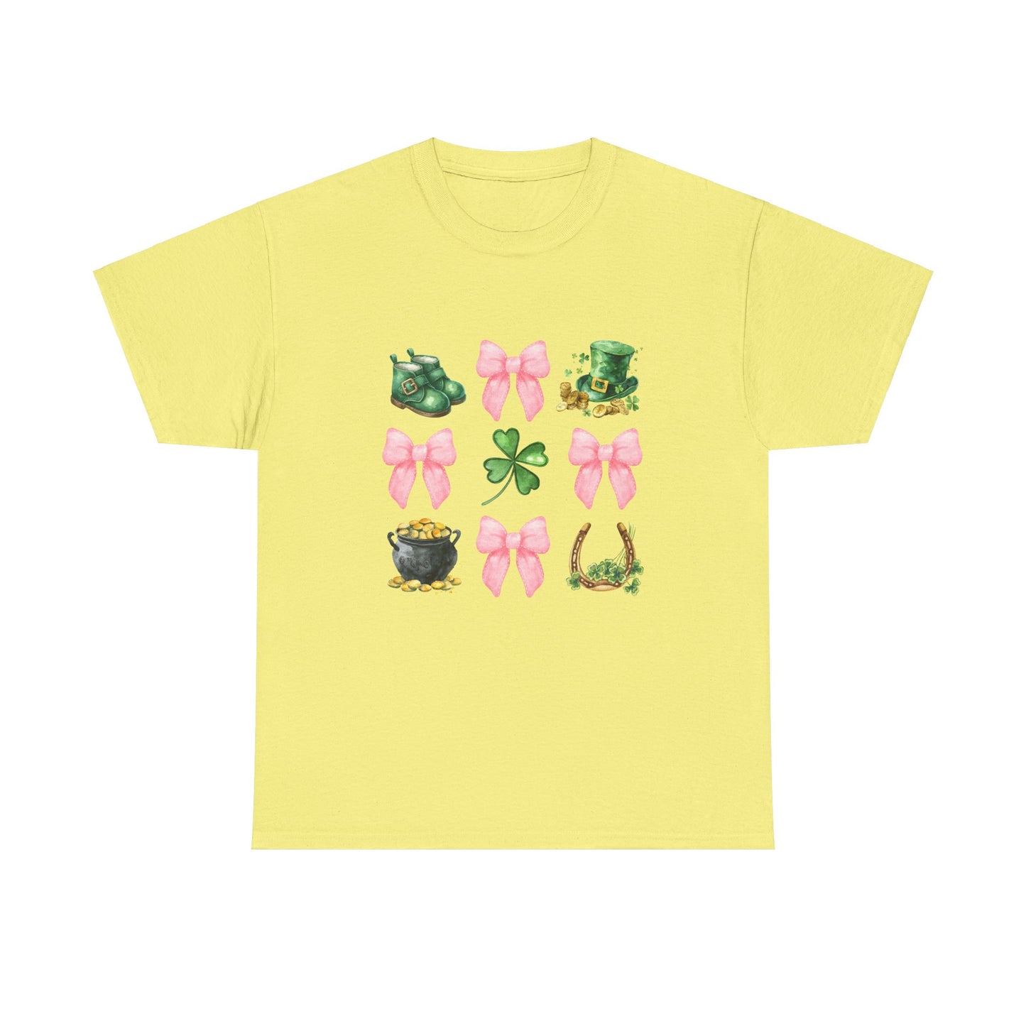 St Patricks Day Unisex Heavy Cotton Tee, Cute Clover &amp; Bow Design, Lucky Shirt for Festivities, Green Holiday Apparel, Fun Gift Idea,