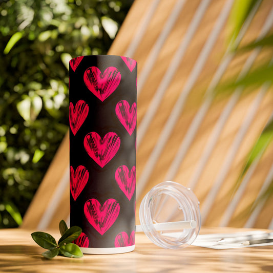 Pink Heart Skinny Tumbler with Straw, Stylish 20oz Travel Cup, Perfect for Gifts, Valentine's Day, Love, Drinks