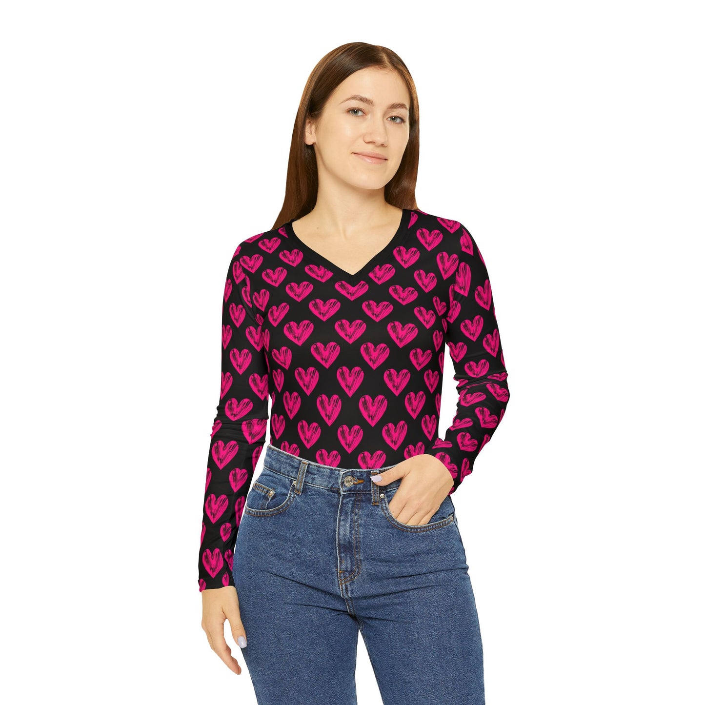 Heart Pattern Women's Long Sleeve V-Neck Shirt - Perfect for Valentine's Day and Casual Wear