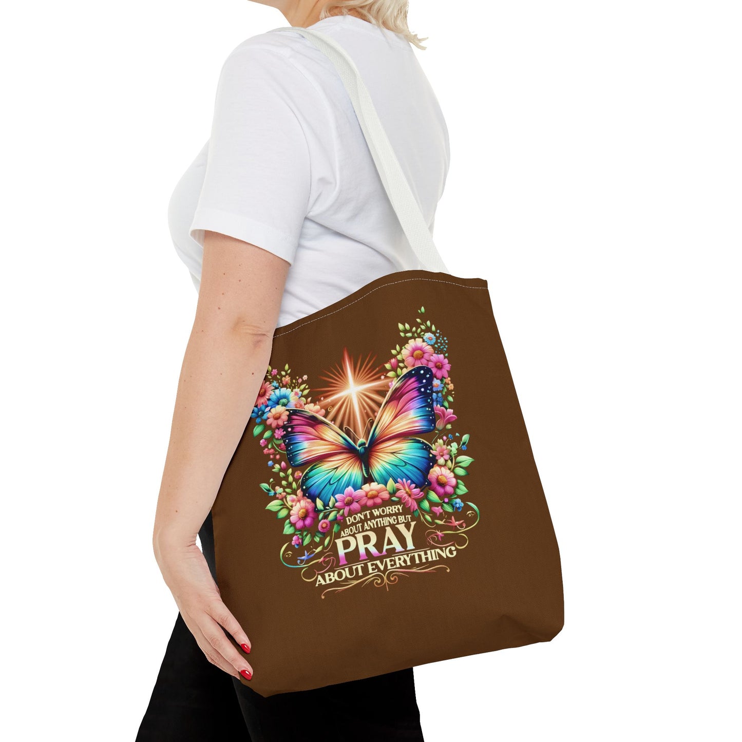 Inspirational Butterfly Tote Bag - "Don't Worry, Pray About Everything" - Motivational Gift, Eco-Friendly Tote, Reusable Shopping Bag,