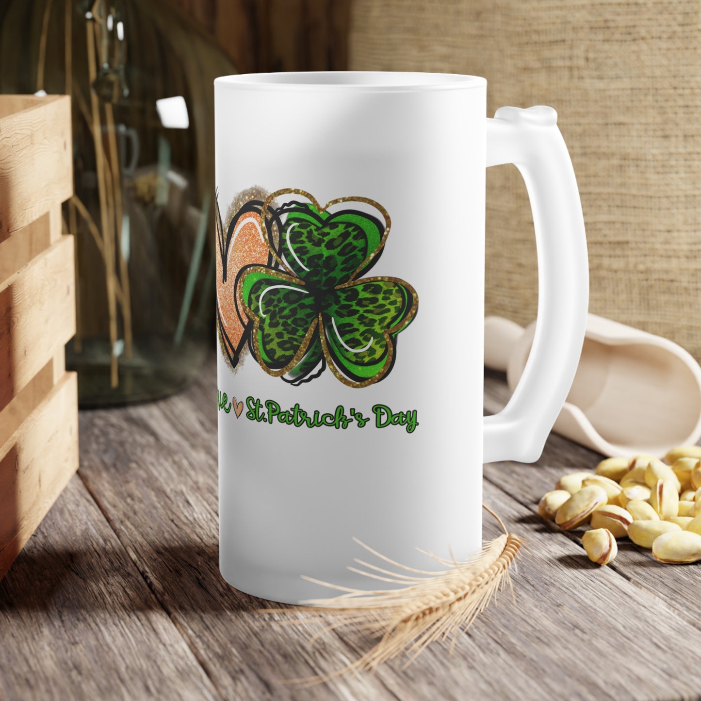 St. Patricks Day Frosted Glass Beer Mug - Peace Love Clover Design, Festive Drinkware, Holiday Gift, Barware, Shamrock Decor